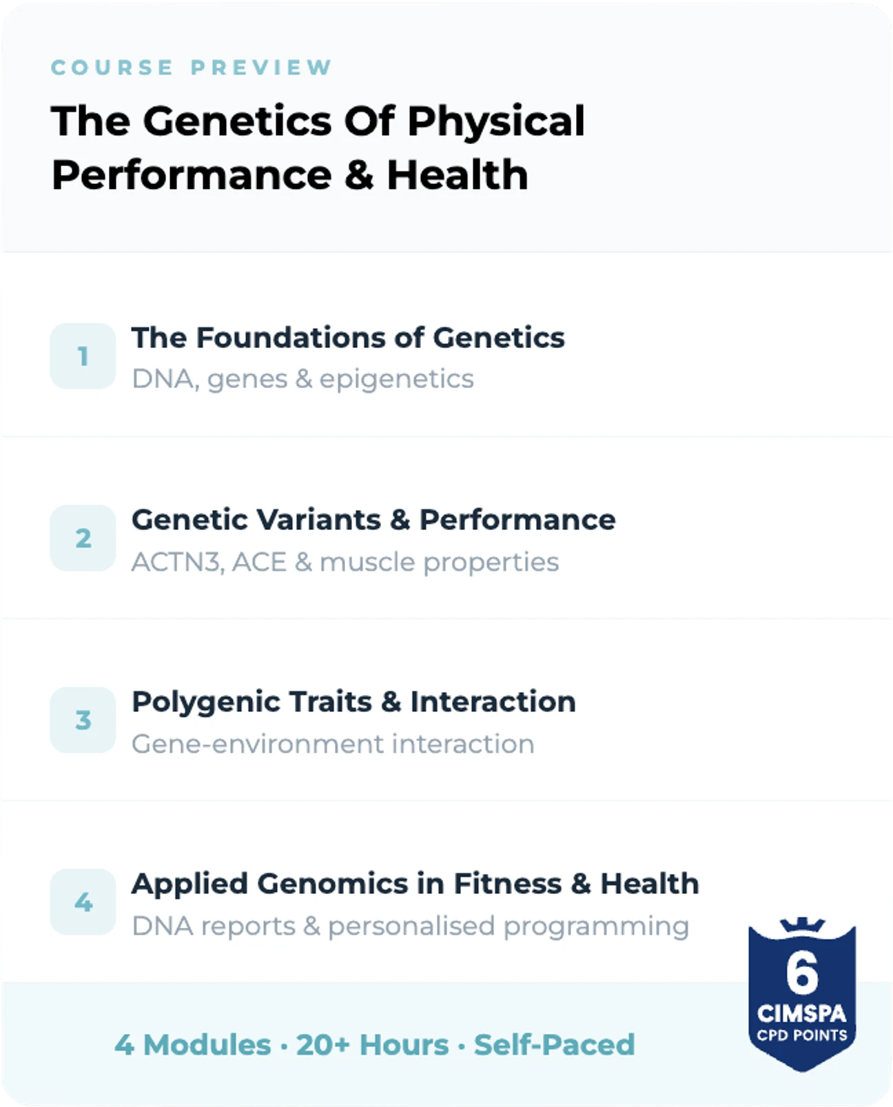 Course preview: The Genetics of Physical Performance & Health — four modules, 6+ hours, self-paced, CIMSPA 6 CPD points